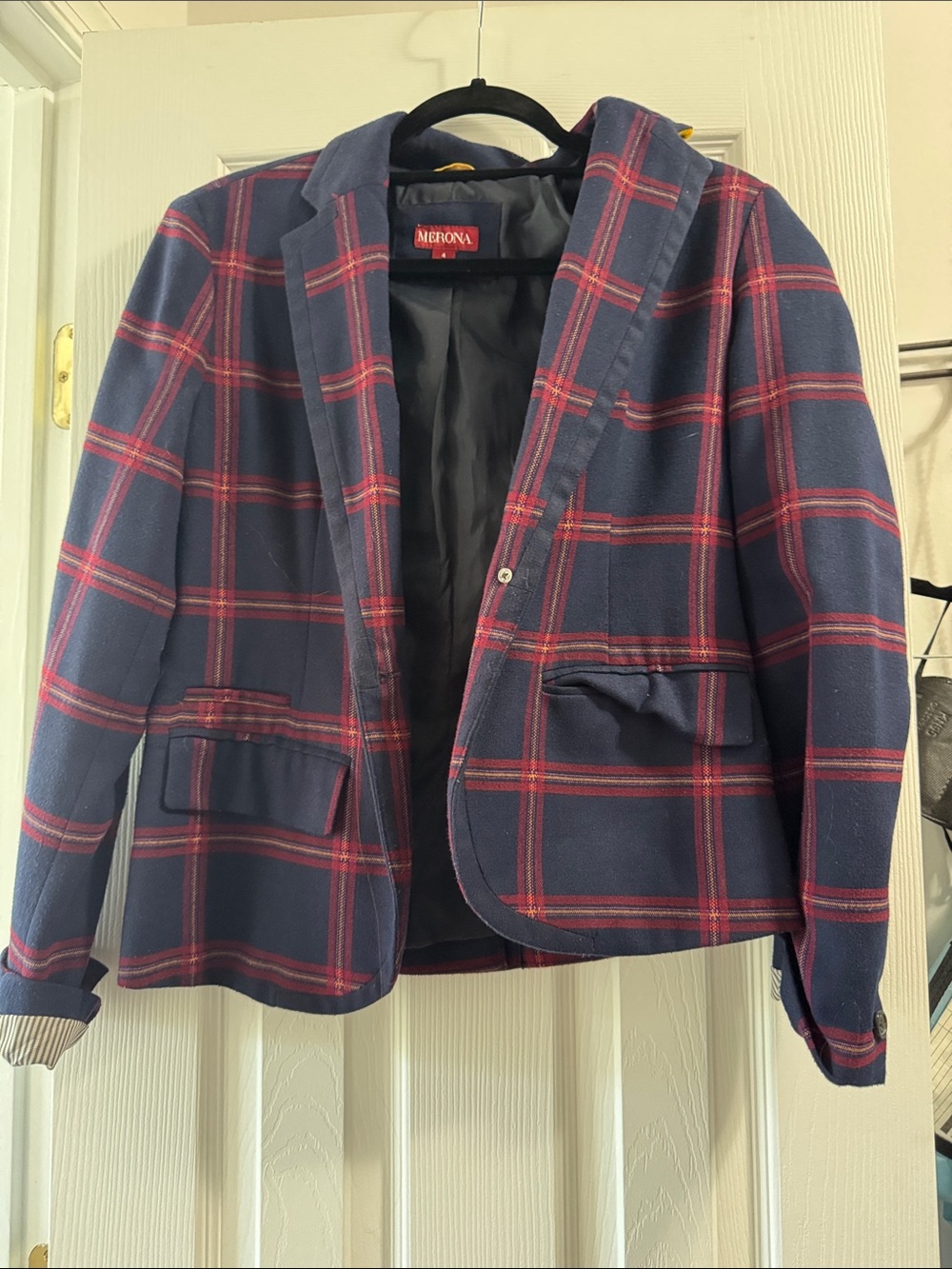 Merona Navy Blazer with Red Plaid Windowpane